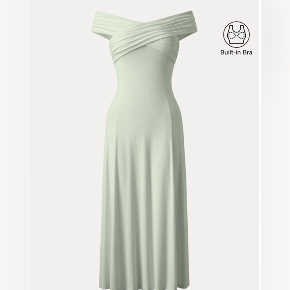 Eco-SkinKiss®
Flowy Criss Cross Off-shoulder Midi Brami Dress Salvia Size Med